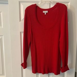Scoop neck bright red light weight sweater. Perfect for Valentine’s Day.